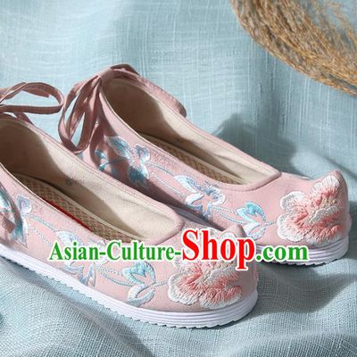 Chinese Handmade Embroidered Peony Pink Bow Shoes Traditional Ming Dynasty Hanfu Shoes Princess Shoes for Women