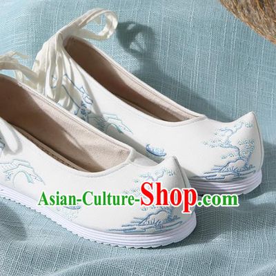 Chinese Handmade Embroidered Pine White Bow Shoes Traditional Ming Dynasty Hanfu Shoes Princess Shoes for Women