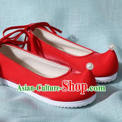 Chinese Handmade Pearl Red Shoes Traditional Ming Dynasty Hanfu Shoes Princess Shoes for Women