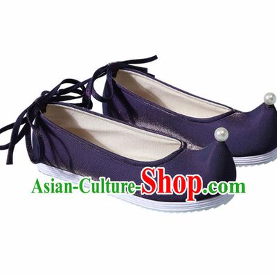 Chinese Handmade Pearl Navy Shoes Traditional Ming Dynasty Hanfu Shoes Princess Shoes for Women