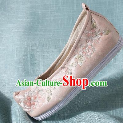Chinese Handmade Embroidered Lotus Pink Bow Shoes Traditional Ming Dynasty Hanfu Shoes Princess Shoes for Women