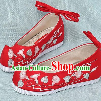 Chinese Handmade Embroidered Petunia Red Bow Shoes Traditional Ming Dynasty Hanfu Shoes Princess Shoes for Women