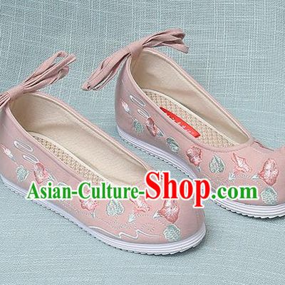 Chinese Handmade Embroidered Petunia Pink Bow Shoes Traditional Ming Dynasty Hanfu Shoes Princess Shoes for Women