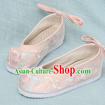 Chinese Handmade Embroidered Peony Pink Bow Shoes Traditional Ming Dynasty Hanfu Shoes Princess Shoes for Women