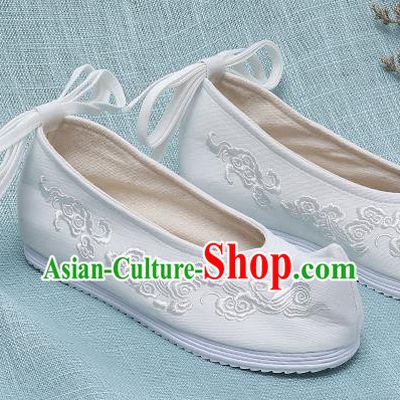 Chinese Handmade Embroidered Cloud White Bow Shoes Traditional Ming Dynasty Hanfu Shoes Princess Shoes for Women