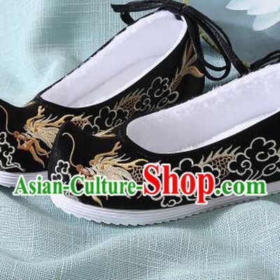 Chinese Handmade Embroidered Dragon Black Bow Shoes Traditional Ming Dynasty Hanfu Shoes Princess Shoes for Women