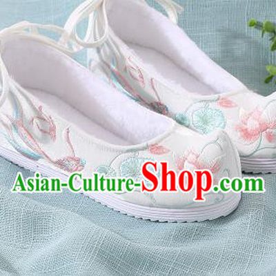 Chinese Handmade Embroidered Lotus Fish White Bow Shoes Traditional Ming Dynasty Hanfu Shoes Princess Shoes for Women