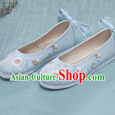 Chinese Handmade Embroidered Blue Shoes Traditional Ming Dynasty Hanfu Shoes Princess Shoes for Women