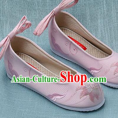 Chinese Handmade Embroidered Lotus Pink Bow Shoes Traditional Ming Dynasty Hanfu Shoes Princess Shoes for Women
