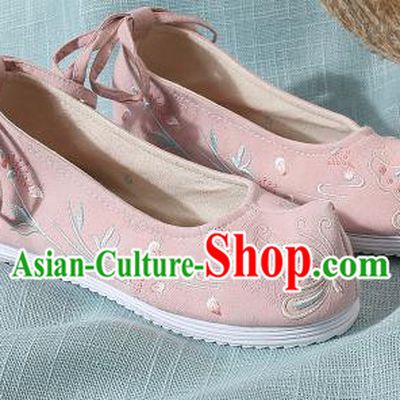 Chinese Handmade Embroidered Dandelion Butterfly Pink Bow Shoes Traditional Ming Dynasty Hanfu Shoes Princess Shoes for Women