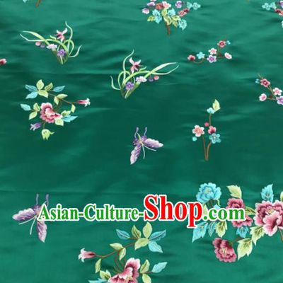 Chinese Traditional Embroidered Butterfly Peony Pattern Design Green Silk Fabric Asian China Hanfu Silk Material