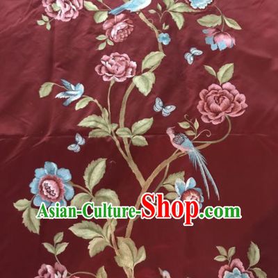 Chinese Traditional Embroidered Peony Bird Pattern Design Purplish Red Silk Fabric Asian China Hanfu Silk Material