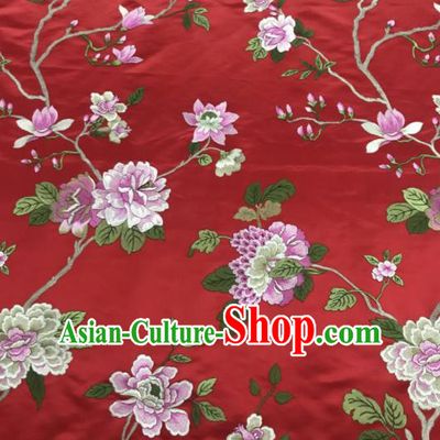 Chinese Traditional Embroidered Yulan Magnolia Pattern Design Red Silk Fabric Asian China Hanfu Silk Material