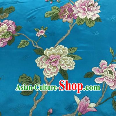 Chinese Traditional Embroidered Yulan Magnolia Pattern Design Blue Silk Fabric Asian China Hanfu Silk Material