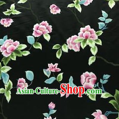 Chinese Traditional Embroidered Lily Flowers Pattern Design Black Silk Fabric Asian China Hanfu Silk Material