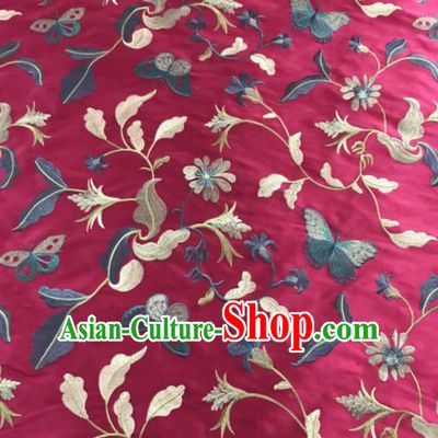 Chinese Traditional Embroidered Grass Butterfly Pattern Design Rosy Silk Fabric Asian China Hanfu Silk Material