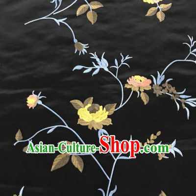 Chinese Traditional Embroidered Vine Flowers Pattern Design Black Silk Fabric Asian China Hanfu Silk Material