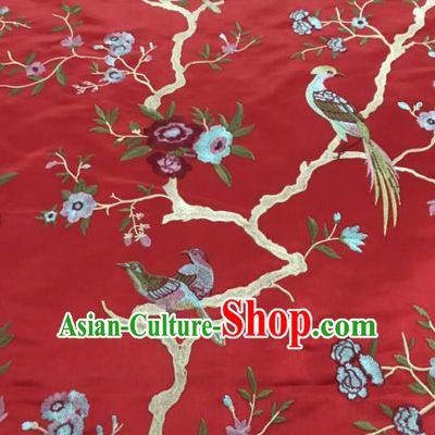 Chinese Traditional Embroidered Begonia Birds Pattern Design Red Silk Fabric Asian China Hanfu Silk Material