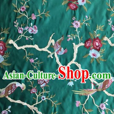 Chinese Traditional Embroidered Begonia Birds Pattern Design Green Silk Fabric Asian China Hanfu Silk Material