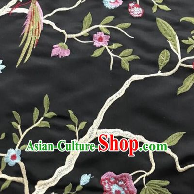 Chinese Traditional Embroidered Begonia Birds Pattern Design Black Silk Fabric Asian China Hanfu Silk Material