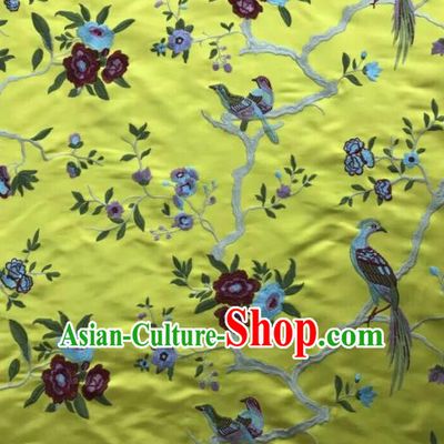 Chinese Traditional Embroidered Begonia Birds Pattern Design Yellow Silk Fabric Asian China Hanfu Silk Material