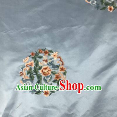 Chinese Traditional Embroidered Round Peony Pattern Design Blue Silk Fabric Asian China Hanfu Silk Material