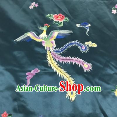 Chinese Traditional Embroidered Phoenix Peony Pattern Design Peacock Green Silk Fabric Asian China Hanfu Silk Material