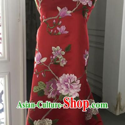 Chinese Traditional Embroidered Peony Pattern Design Red Silk Fabric Asian China Hanfu Silk Material
