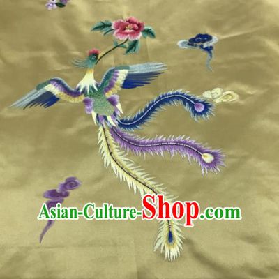 Chinese Traditional Embroidered Phoenix Peony Pattern Design Golden Silk Fabric Asian China Hanfu Silk Material