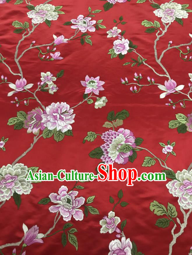 Chinese Traditional Embroidered Peony Pattern Design Red Silk Fabric Asian China Hanfu Silk Material Chinese Traditional Embroidered Peony Pattern Design Red Silk Fabric Asian China Hanfu Silk Material