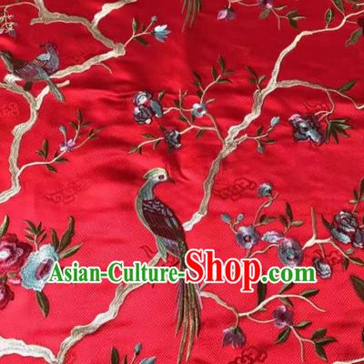 Chinese Traditional Embroidered Flowers Birds Pattern Design Red Silk Fabric Asian China Hanfu Silk Material