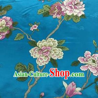 Chinese Traditional Embroidered Peony Pattern Design Blue Silk Fabric Asian China Hanfu Silk Material