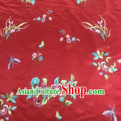 Chinese Traditional Embroidered Orchid Peony Pattern Design Red Silk Fabric Asian China Hanfu Silk Material