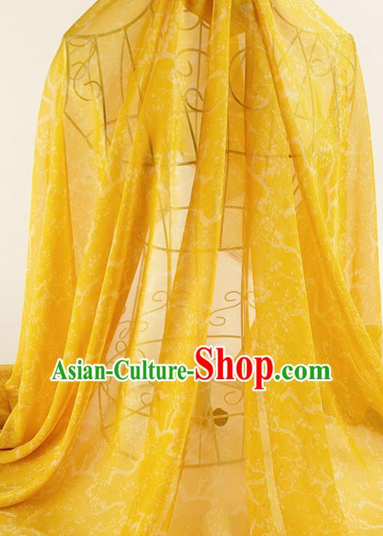 Chinese Traditional Plum Blossom Pattern Design Yellow Chiffon Fabric Asian Satin China Hanfu Material Chinese Traditional Plum Blossom Pattern Design Yellow Chiffon Fabric Asian Satin China Hanfu Material