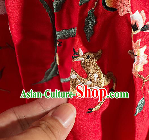 Chinese Traditional Embroidered Deer Pattern Design Red Flax Fabric Asian China Hanfu Material