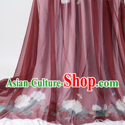 Chinese Traditional Printing Peony Pattern Design Red Chiffon Fabric Asian China Hanfu Material