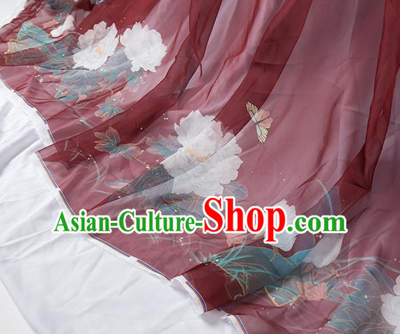 Chinese Traditional Printing Peony Pattern Design Red Chiffon Fabric Asian China Hanfu Material Chinese Traditional Printing Peony Pattern Design Red Chiffon Fabric Asian China Hanfu Material