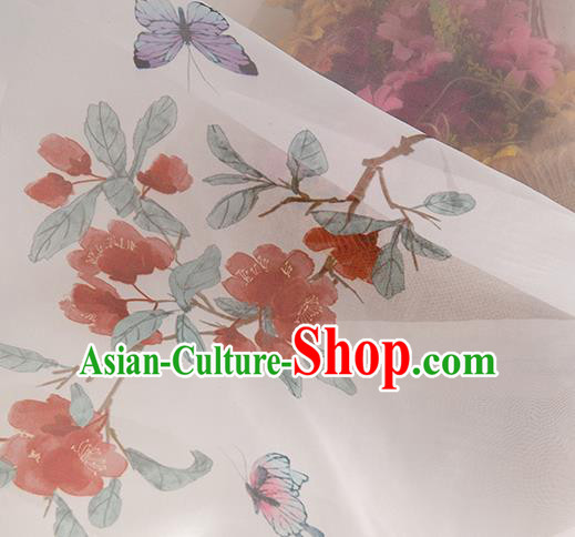 Chinese Traditional Printing Butterfly Flowers Pattern Design White Chiffon Fabric Asian China Hanfu Material Chinese Traditional Printing Butterfly Flowers Pattern Design White Chiffon Fabric Asian China Hanfu Material