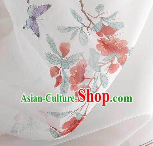 Chinese Traditional Printing Butterfly Flowers Pattern Design White Chiffon Fabric Asian China Hanfu Material Chinese Traditional Printing Butterfly Flowers Pattern Design White Chiffon Fabric Asian China Hanfu Material
