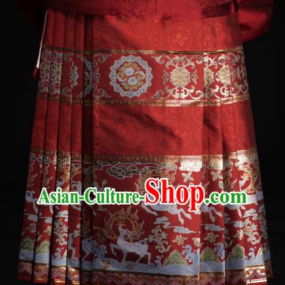 Chinese Traditional Colorful Deer Pattern Design Red Brocade Fabric Asian China Satin Hanfu Material