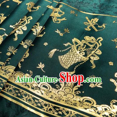Chinese Traditional Eight Immortals Pattern Design Deep Green Brocade Fabric Asian China Satin Hanfu Material
