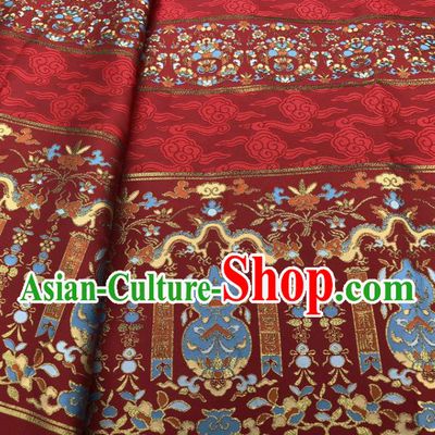 Chinese Traditional Calabash Dragon Pattern Design Red Brocade Fabric Asian China Satin Hanfu Material