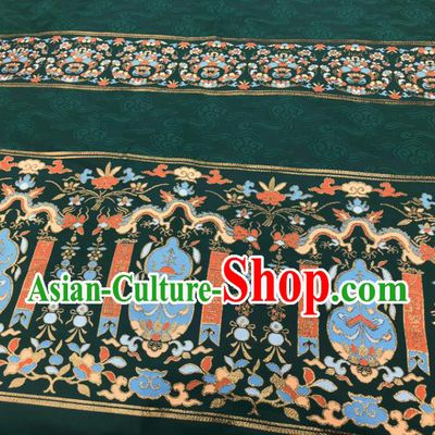 Chinese Traditional Calabash Dragon Pattern Design Deep Green Brocade Fabric Asian China Satin Hanfu Material