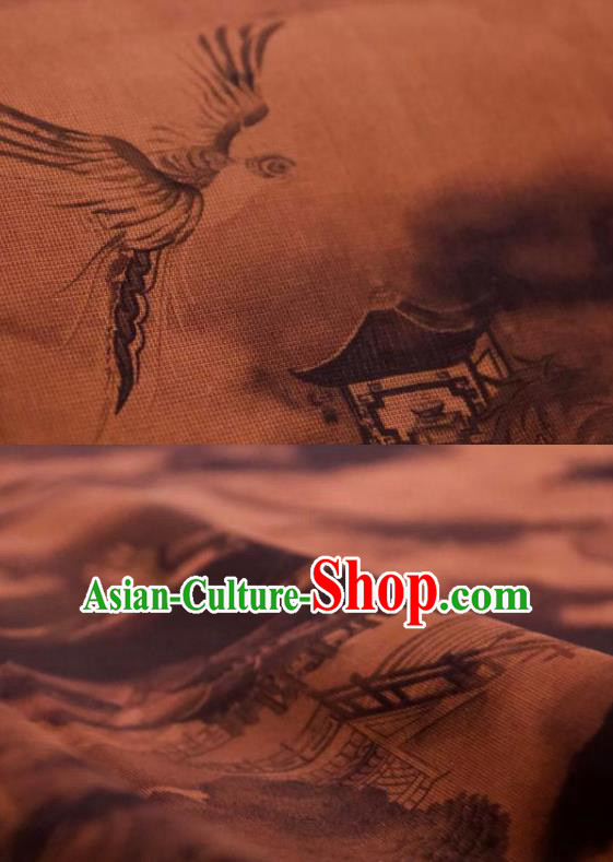 Chinese Traditional Pavilion Pattern Design Brownness Silk Fabric Asian China Hanfu Mulberry Silk Material Chinese Traditional Pavilion Pattern Design Brownness Silk Fabric Asian China Hanfu Mulberry Silk Material