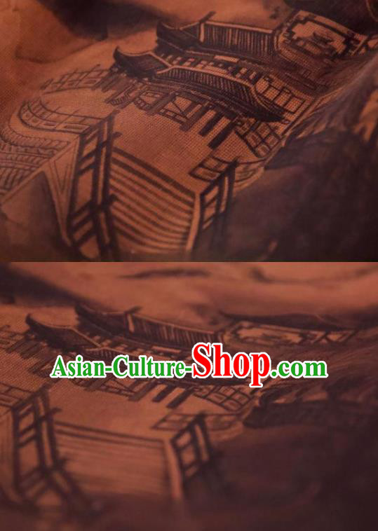 Chinese Traditional Pavilion Pattern Design Brownness Silk Fabric Asian China Hanfu Mulberry Silk Material Chinese Traditional Pavilion Pattern Design Brownness Silk Fabric Asian China Hanfu Mulberry Silk Material