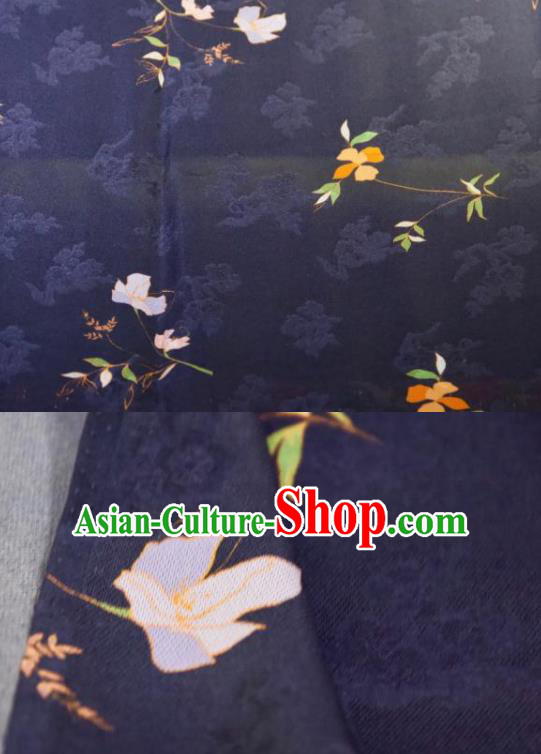 Chinese Traditional Jasminum Pattern Design Navy Silk Fabric Asian China Hanfu Mulberry Silk Material Chinese Traditional Jasminum Pattern Design Navy Silk Fabric Asian China Hanfu Mulberry Silk Material