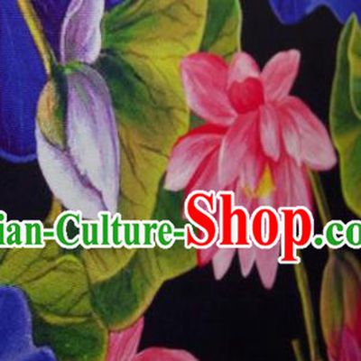 Chinese Traditional Lotus Pattern Design Black Silk Fabric Asian China Hanfu Gambiered Guangdong Mulberry Silk Material