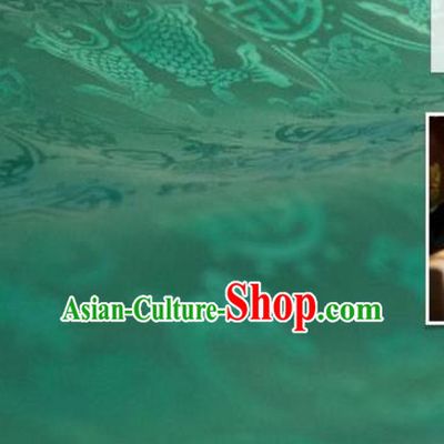 Chinese Traditional Double Fishes Pattern Design Green Silk Fabric Asian China Hanfu Jacquard Mulberry Silk Material