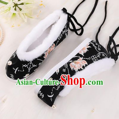 Asian Chinese Winter Shoes Embroidered Black Bow Shoes Traditional Opera Shoes Hanfu Shoes for Women