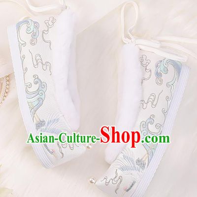 Asian Chinese Winter Shoes Embroidered Crane White Shoes Traditional Opera Shoes Hanfu Shoes for Women